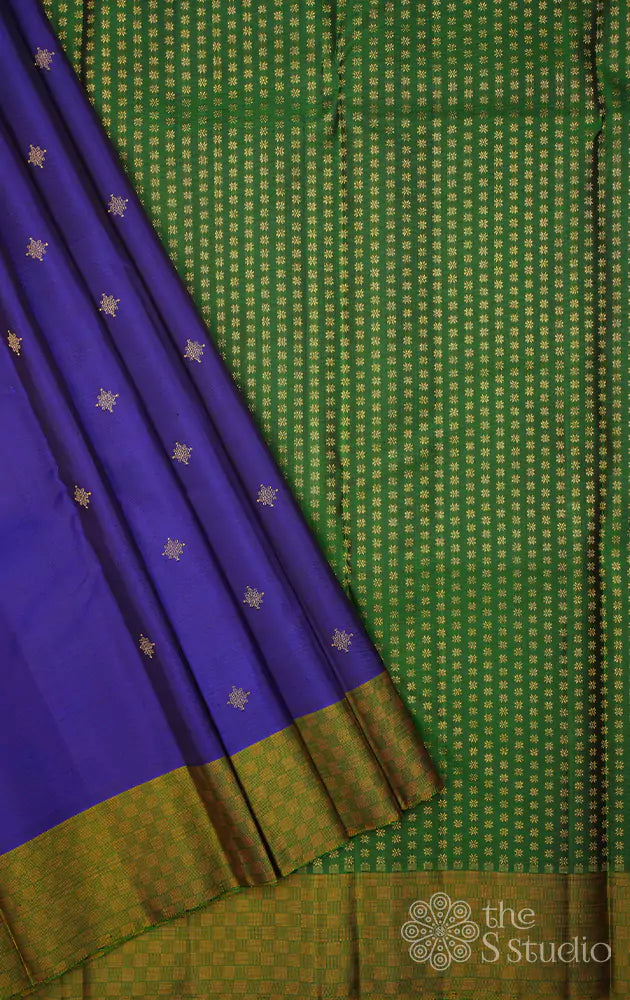 Royal blue kanjivaram saree with green pallu