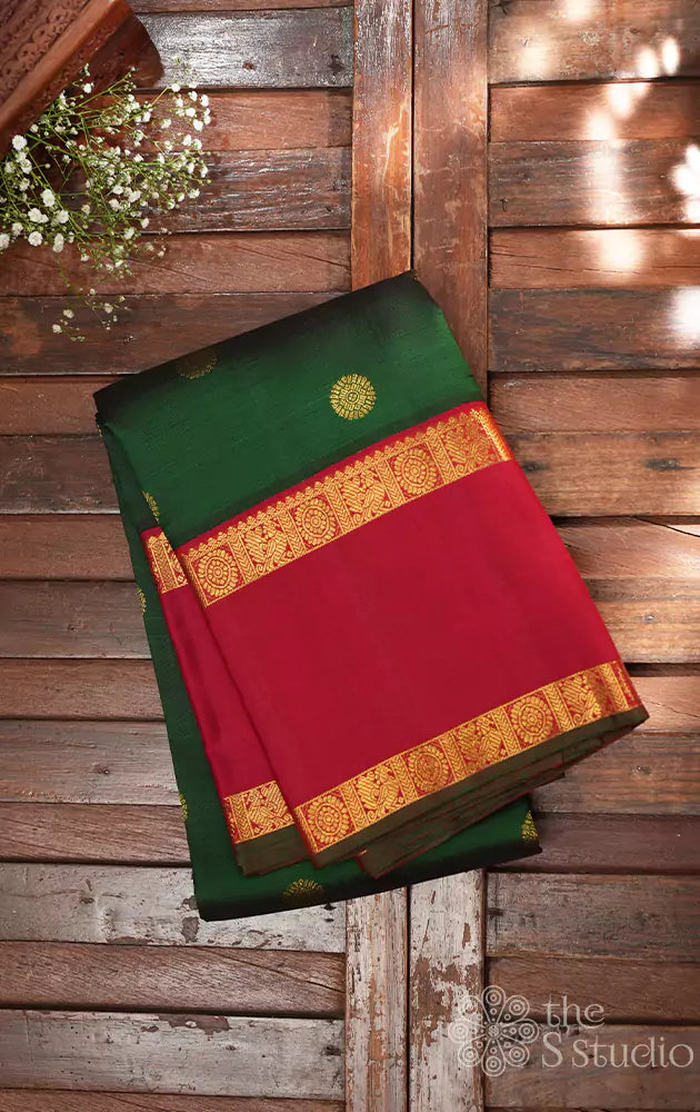 Emerald green kanjivaram silk saree with rettai pet red border