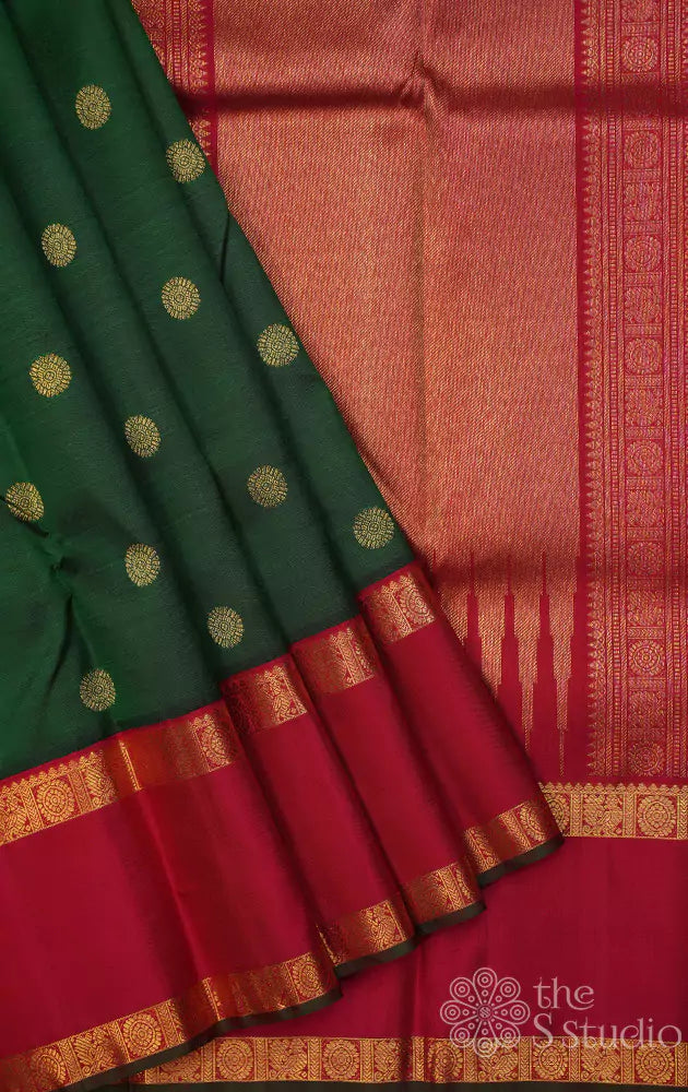 Emerald green kanjivaram silk saree with rettai pet red border