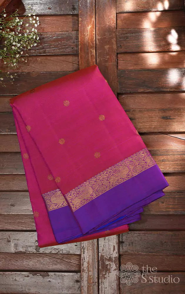 Lotus pink kanchipuram silk saree with purple small border and meenakari buttas