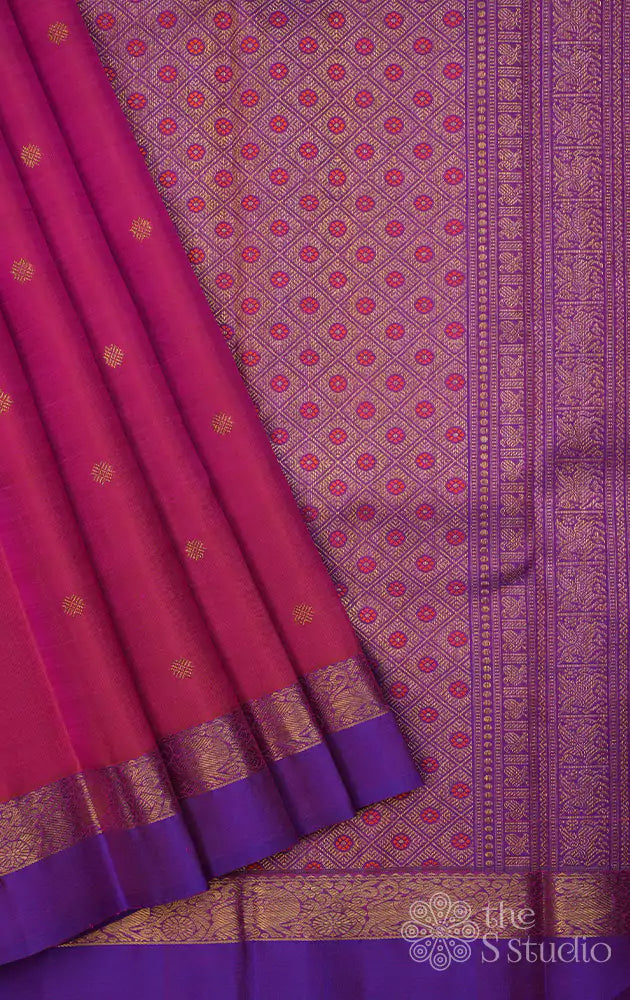 Lotus pink kanchipuram silk saree with purple small border and meenakari buttas