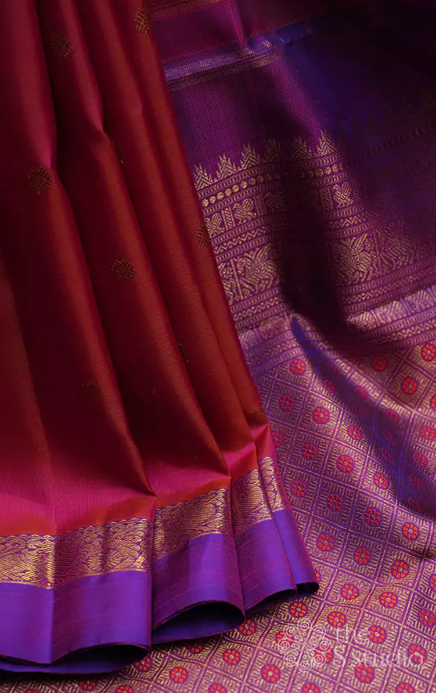 Lotus pink kanchipuram silk saree with purple small border and meenakari buttas