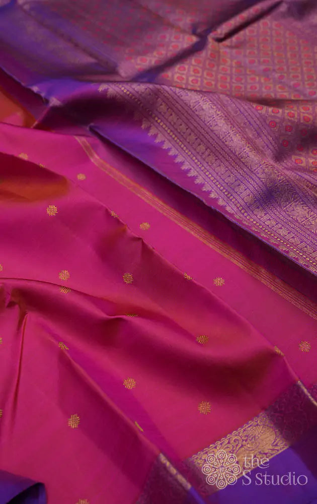 Lotus pink kanchipuram silk saree with purple small border and meenakari buttas