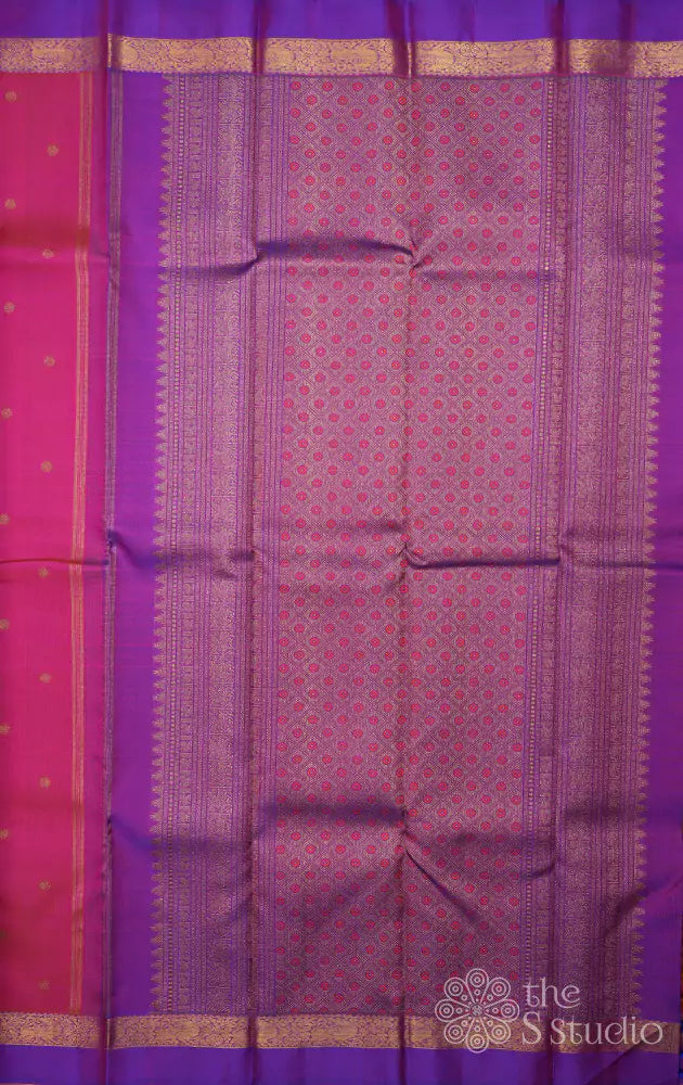 Lotus pink kanchipuram silk saree with purple small border and meenakari buttas