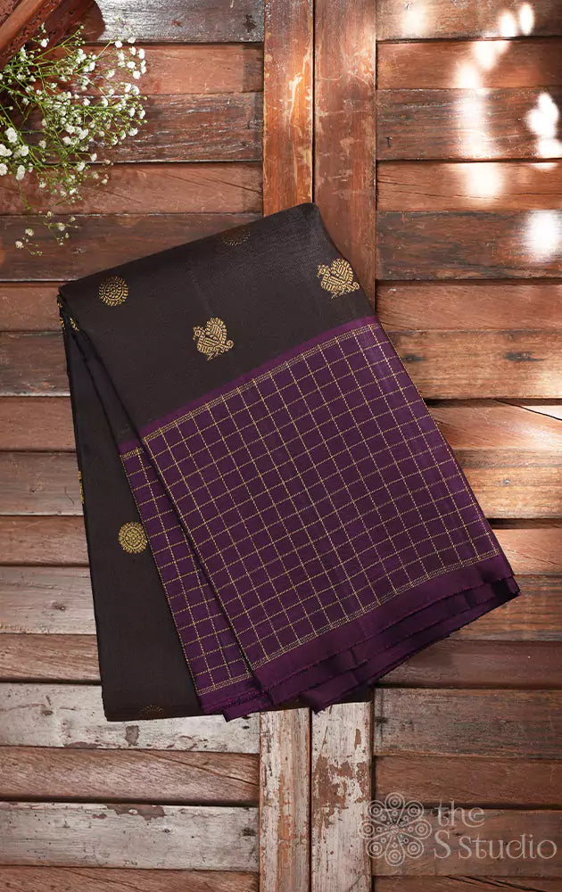 Brown kanchi silk saree with purple checked border