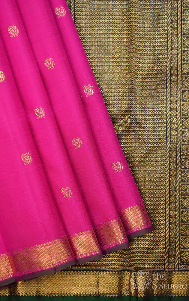 Rani pink kanchi silk saree with zari buttas and jamun coloured pallu