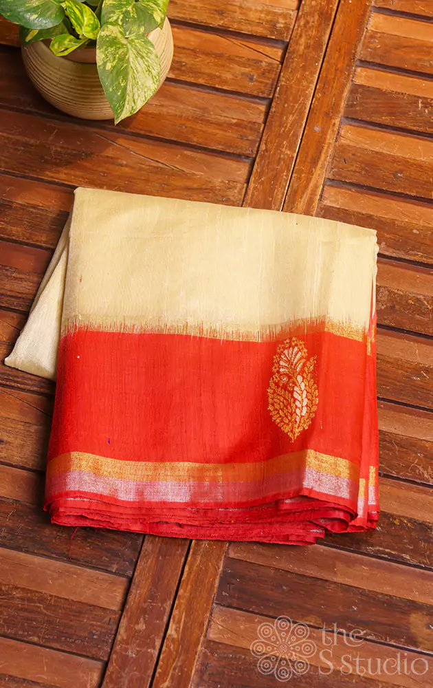 Offwhite handloom raw silk saree with red border