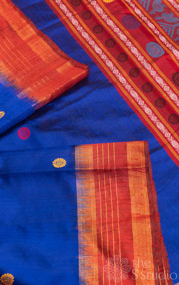 Blue handloom raw silk saree with maroon border