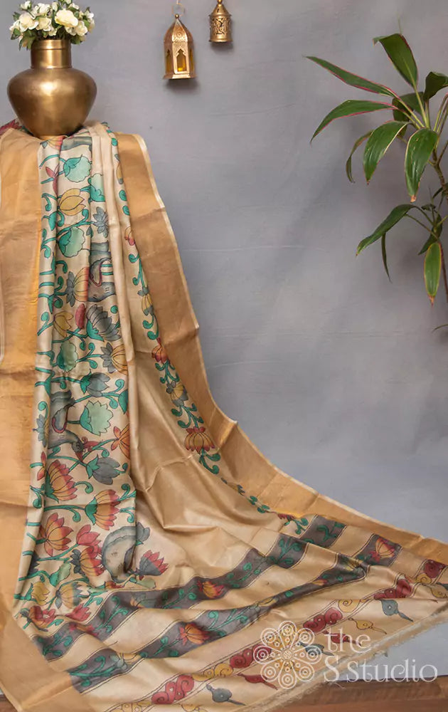 Off white tussar saree with hand painted kalamkari ( Pre Order Booking Available )