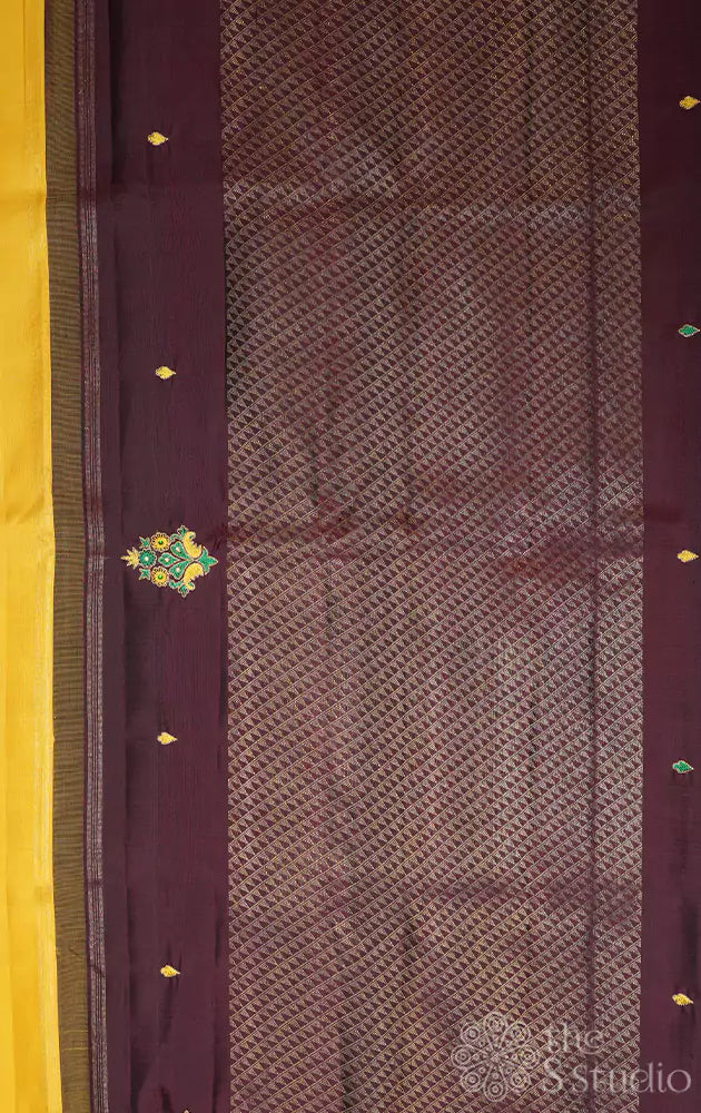 Mango yellow hand embroidered kanchi silk saree with brown pallu