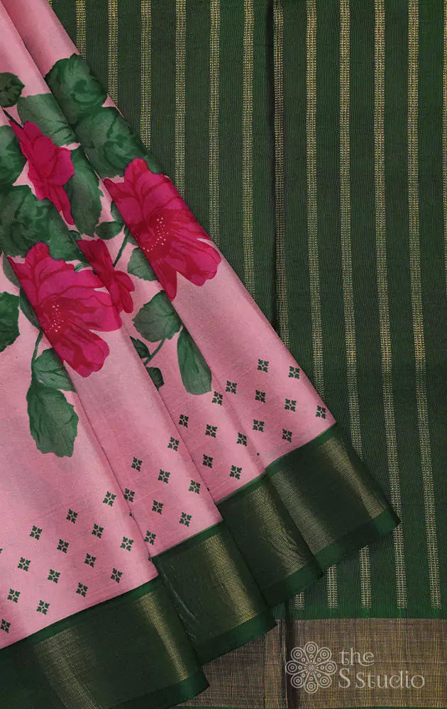 Lotus pink printed kanjivaram saree with green zari border
