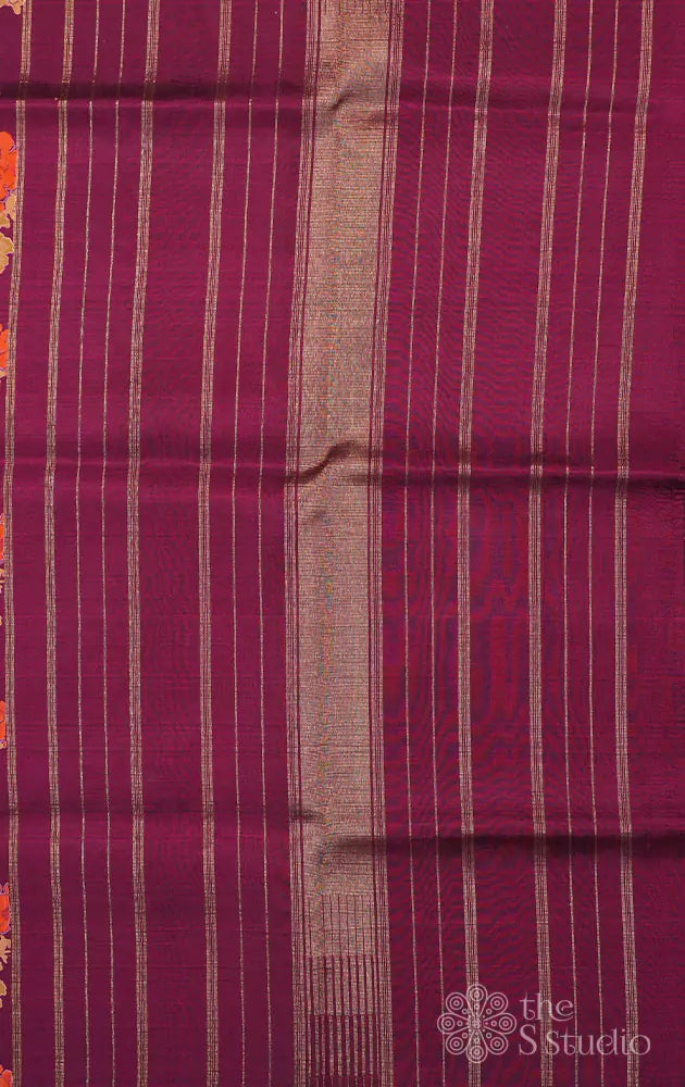 Deep wine kanchipuram silk saree with floral prints