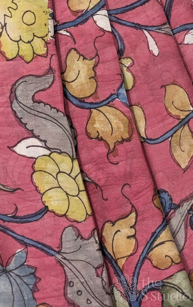 Pink tussar silk  with handpainted pen kalamkari work