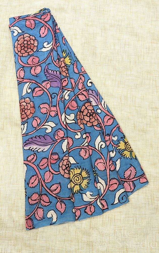 Blue hand painted kalamkari light weight silk blouse fabric