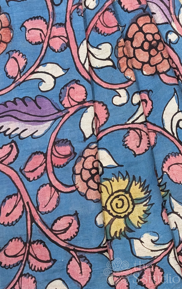 Blue hand painted kalamkari light weight silk blouse fabric