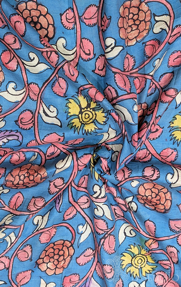 Blue hand painted kalamkari light weight silk blouse fabric