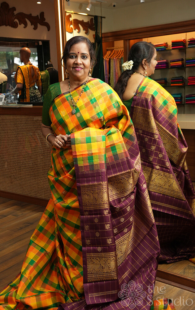 Paalum pazhamum checks kanchi silk saree with brown pallu