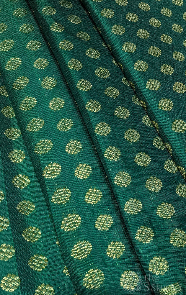 Dark green kanchi silk blouse material with small zari buttas