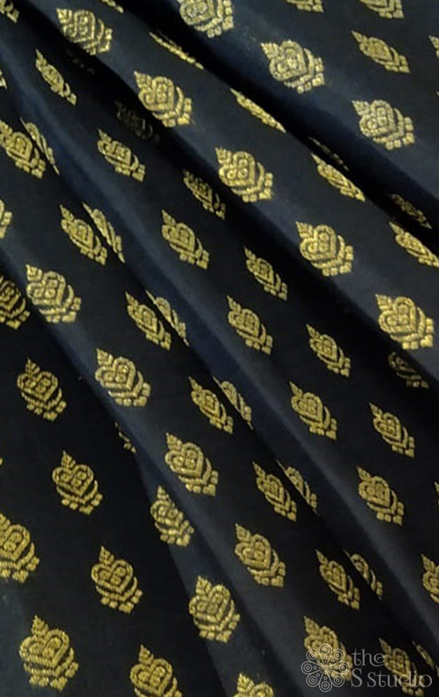 Black Kanchi Silk Blouse Material With Small Jhumka buttas