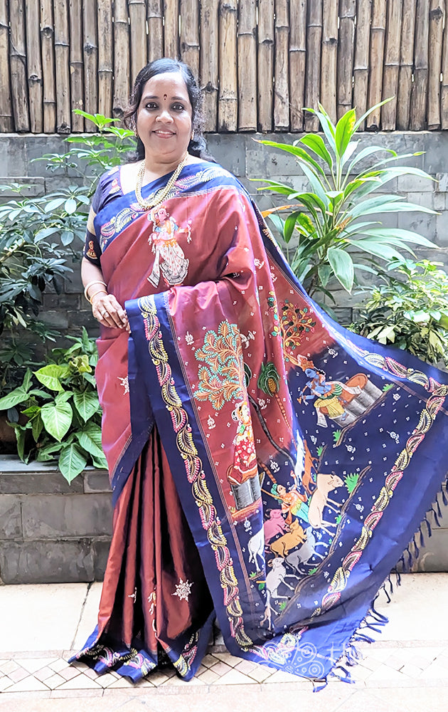 Rust soft silk saree with hand painted pattachitra art