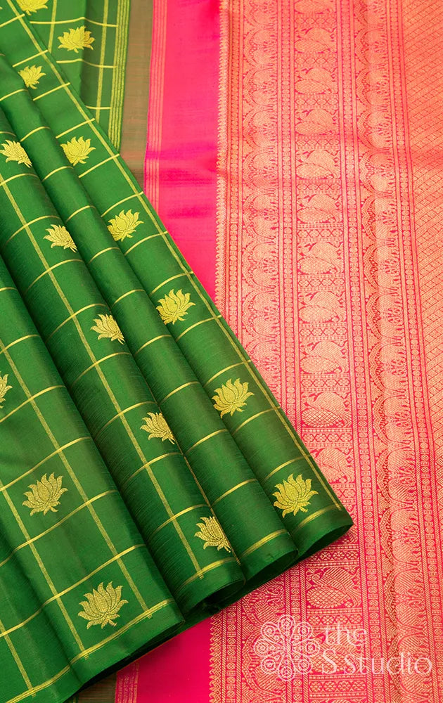 Green checked kanchipuram silk saree with lotus motifs