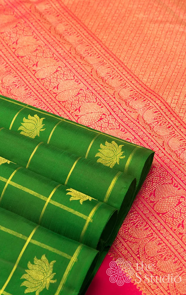 Green checked kanchipuram silk saree with lotus motifs
