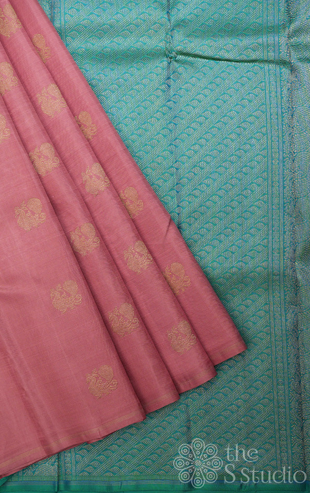 Onion pink kanchi silk saree with annam buttas all over and a contrast sea green pallu