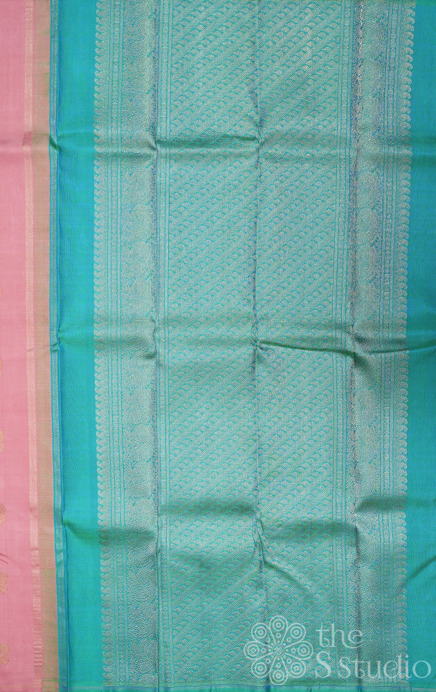 Onion pink kanchi silk saree with annam buttas all over and a contrast sea green pallu