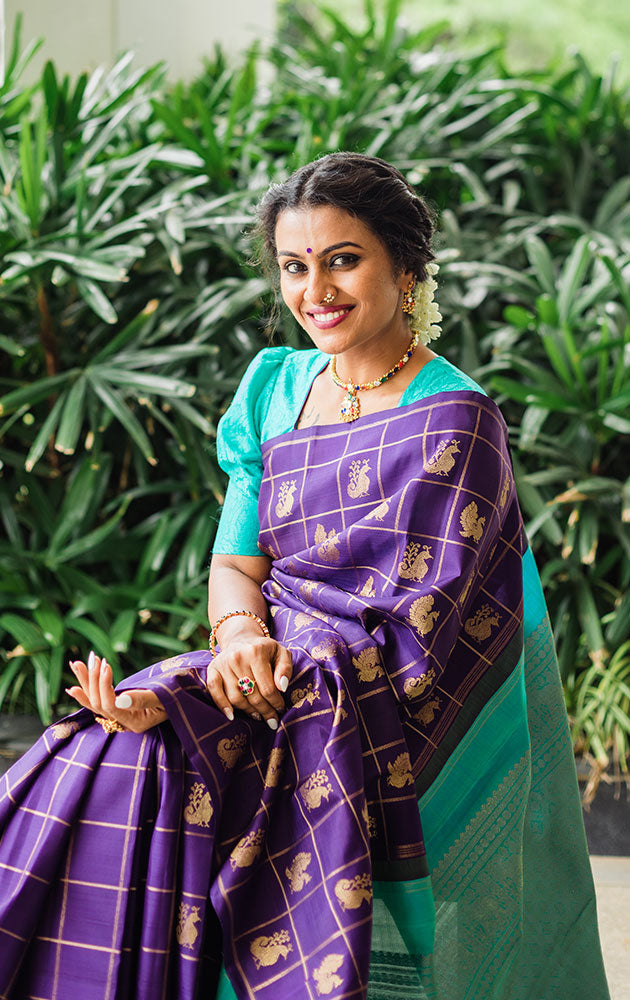 Aubergine colour kanchi pattu saree with checks and buttas