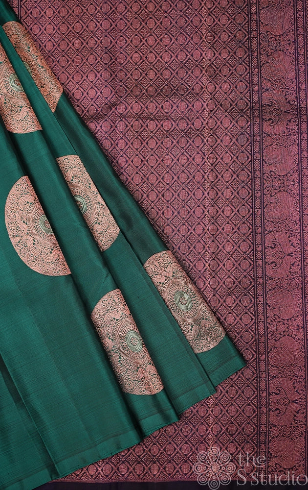 Green kanchi silk saree with round zari motifs
