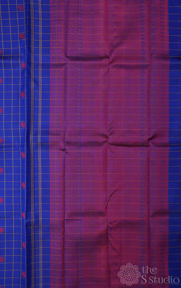 Bright blue checked kanchi silk saree with magenta thread woven buttas