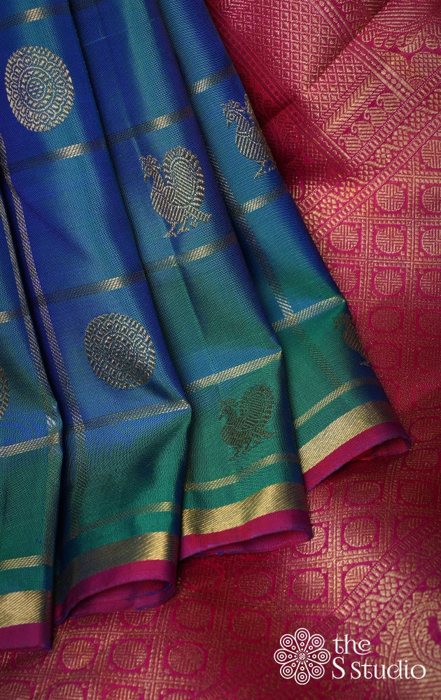 Peacock Blue Kanjivaram Saree With Checks