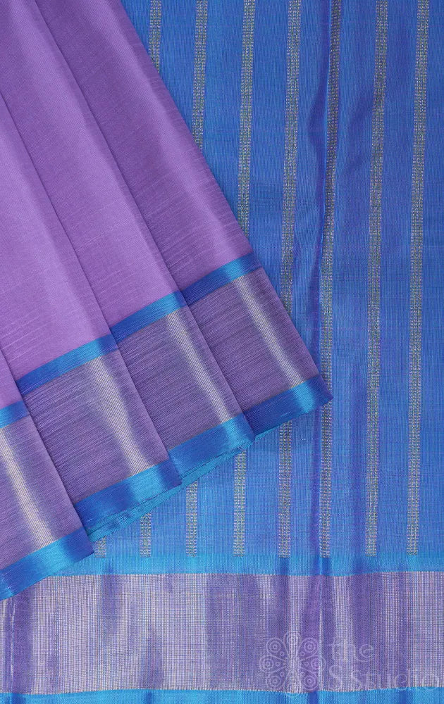 Lavendar kanchi silk saree with blue zari lines pallu