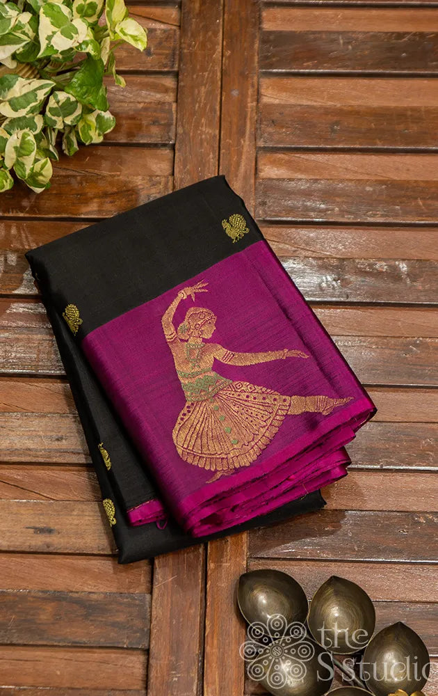 Charcoal black kanchipuram silk saree with dancing lady border