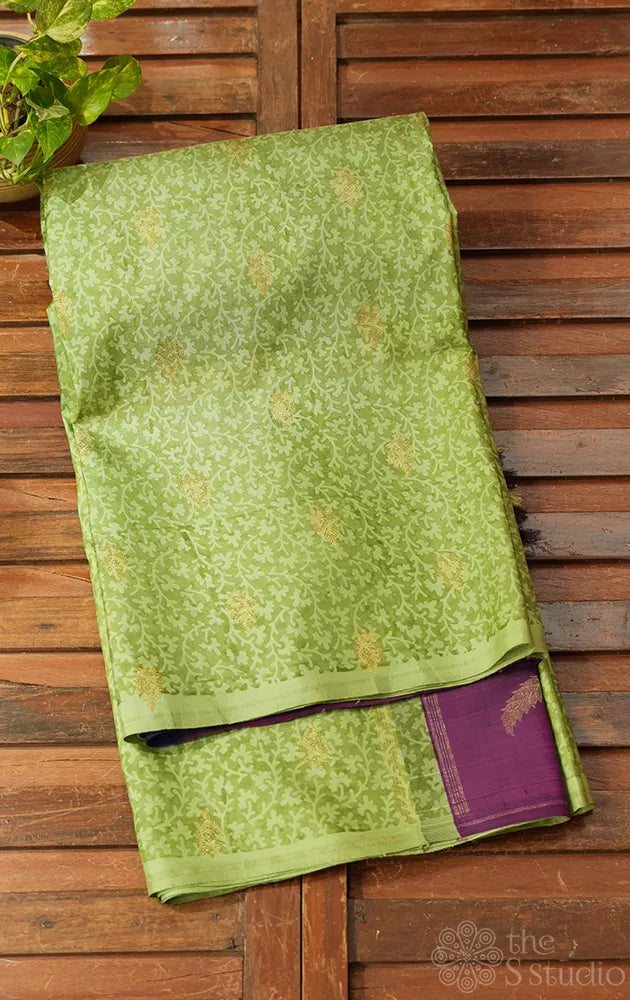 Light green floral digital printed kanchipuram silk saree with double pallu