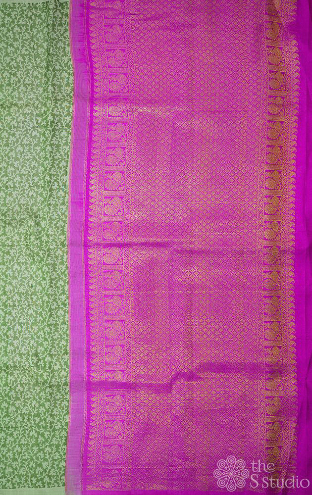 Elachi green digital printed kanjivaram silk saree with contrast pallu