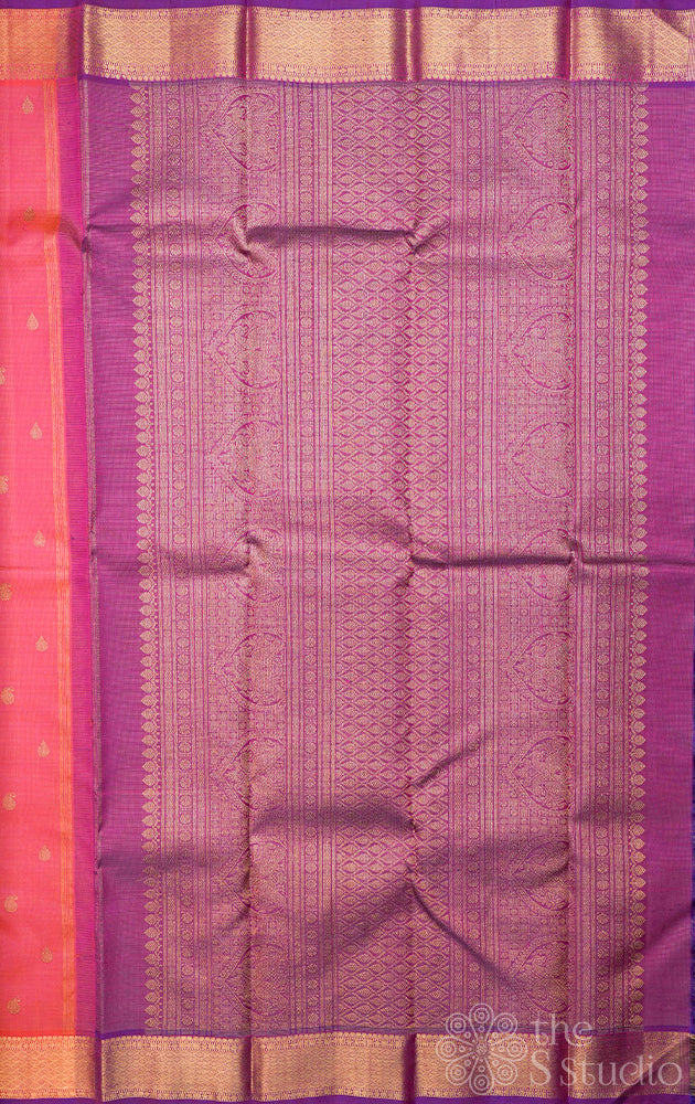 Dark peach vairaoosi kanchipuram silk saree with purple pallu