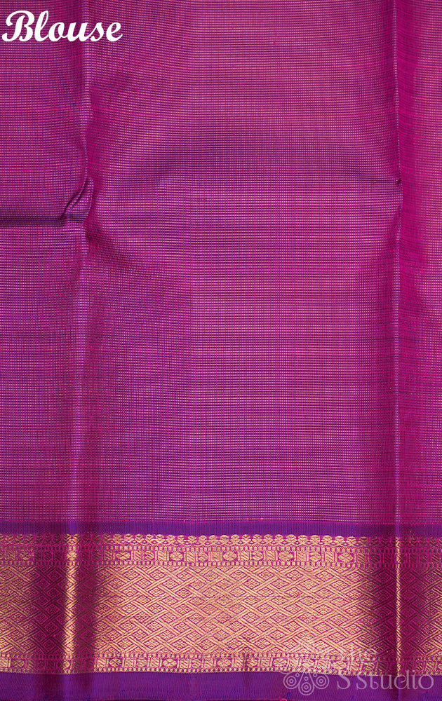 Dark peach vairaoosi kanchipuram silk saree with purple pallu