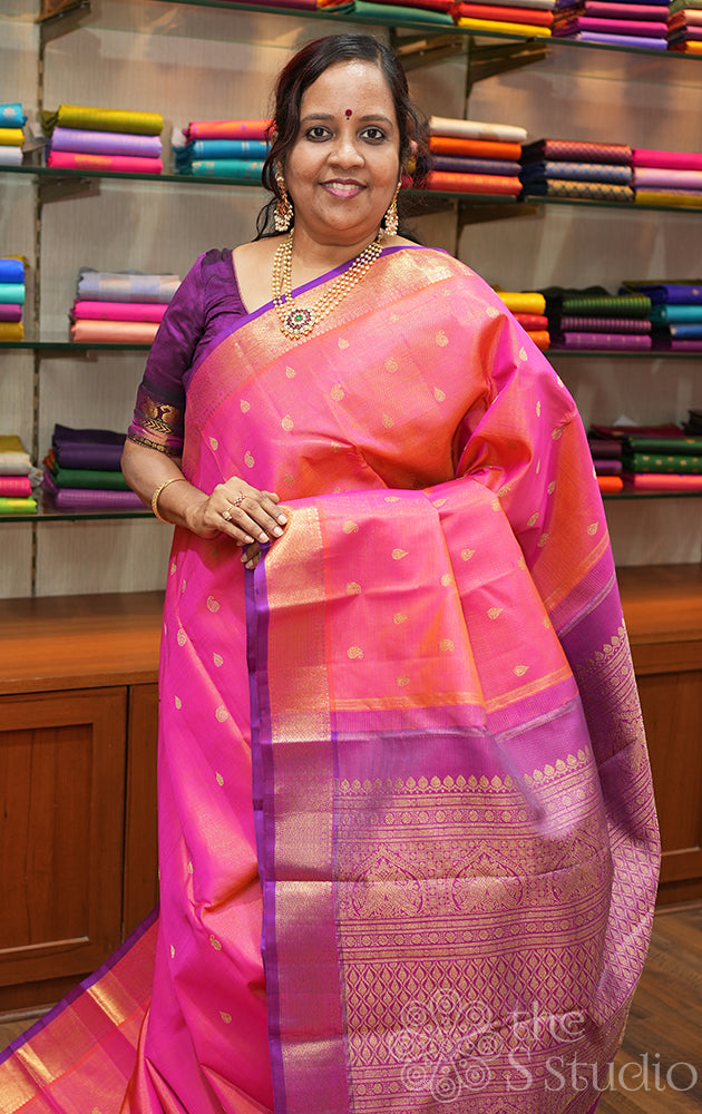 Dark peach vairaoosi kanchipuram silk saree with purple pallu