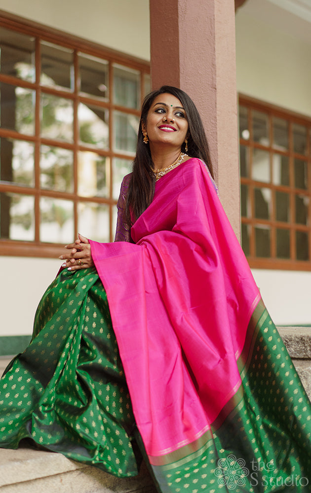 Rani pink with bottle green partly pallu kanchi silk saree