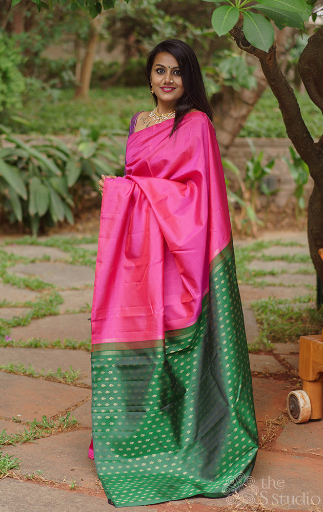 Rani pink with bottle green partly pallu kanchi silk saree