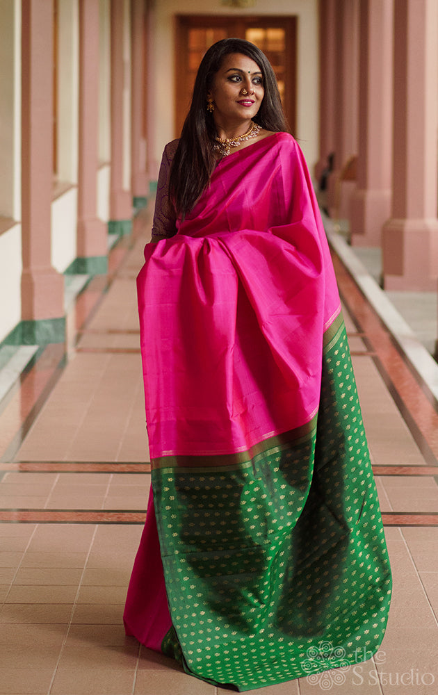 Rani pink with bottle green partly pallu kanchi silk saree