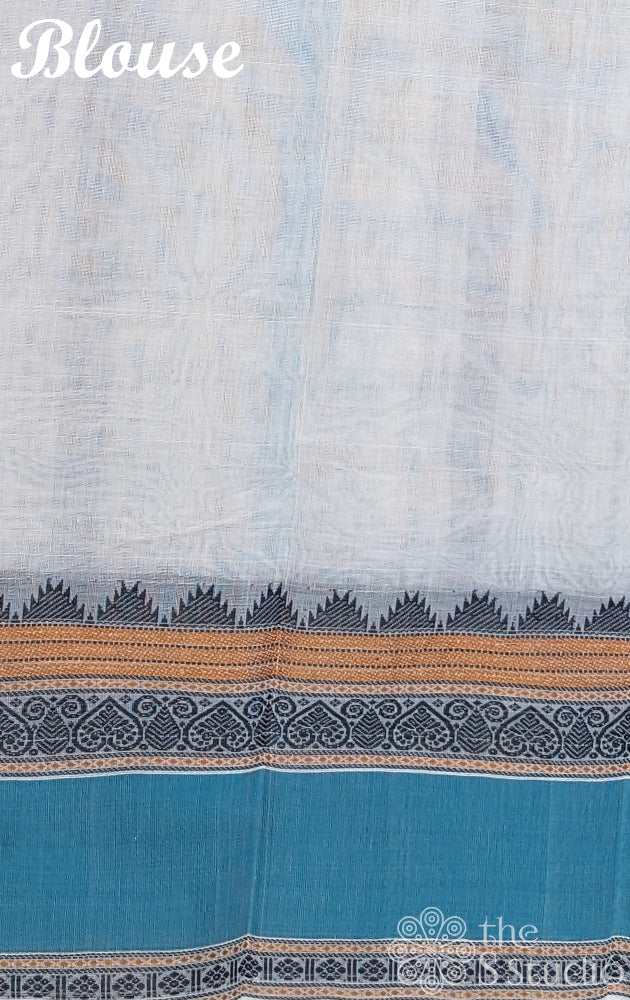 White handloom aayiram butta kanchi Cotton saree with turquoise blue Border