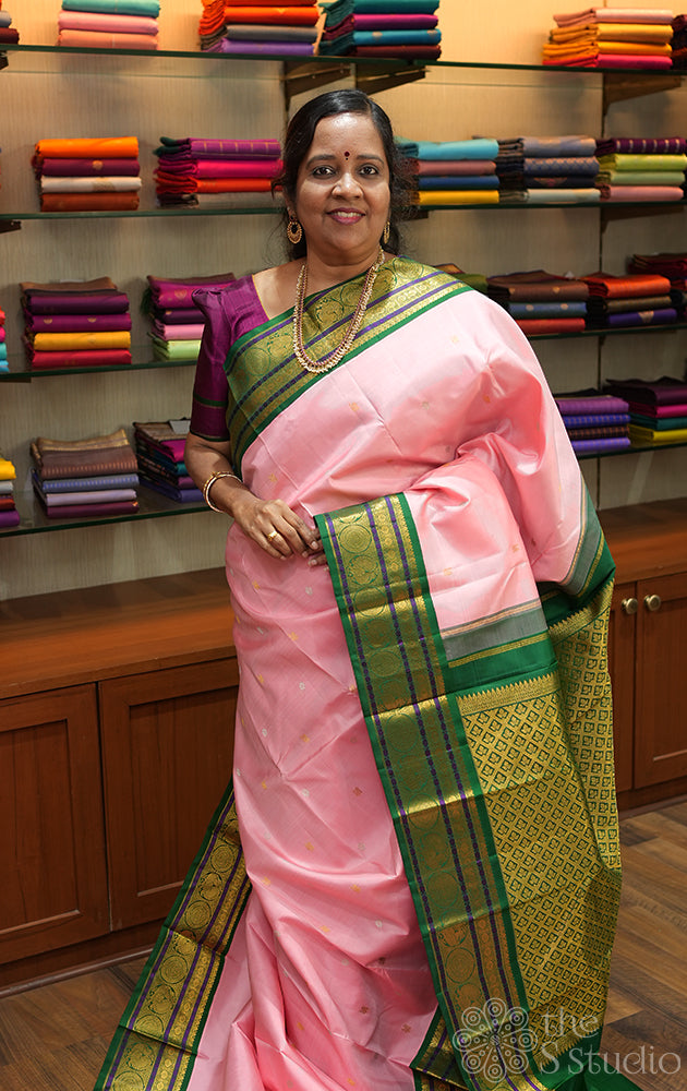 Lotus pink kanchi silk saree with korvai green border