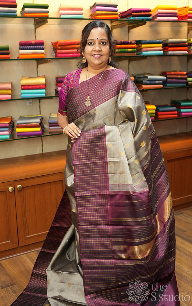 Steel grey kanchipuram silk saree with maroon border