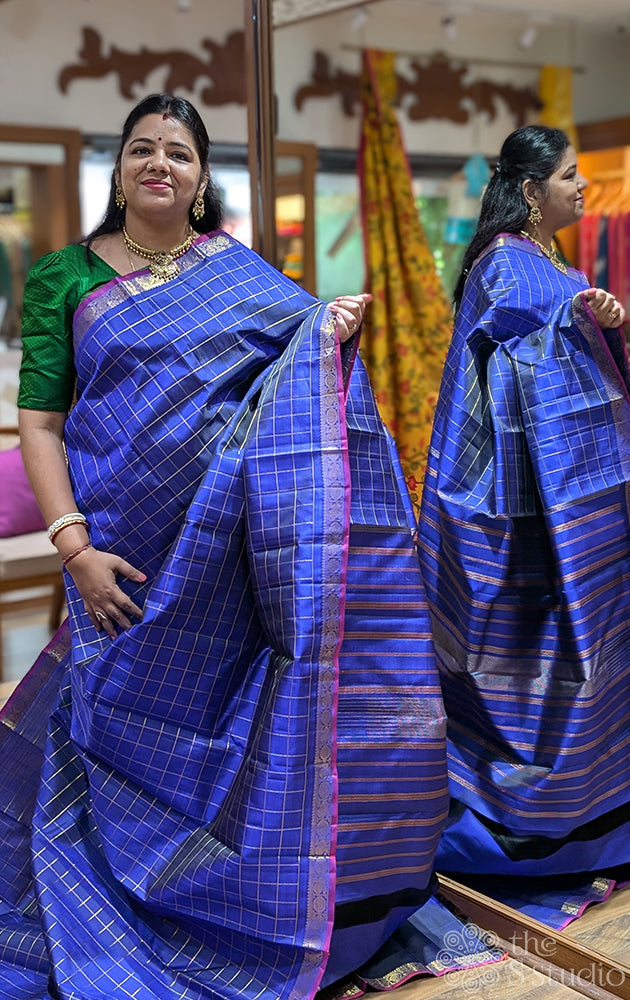 Royal blue zari checked kanchi silk saree with small border