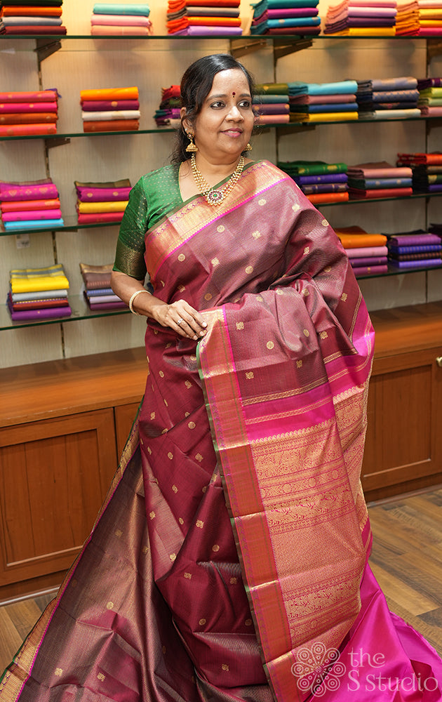 Simha colour  vaira oosi kanchipuram  silk saree with rani pink border