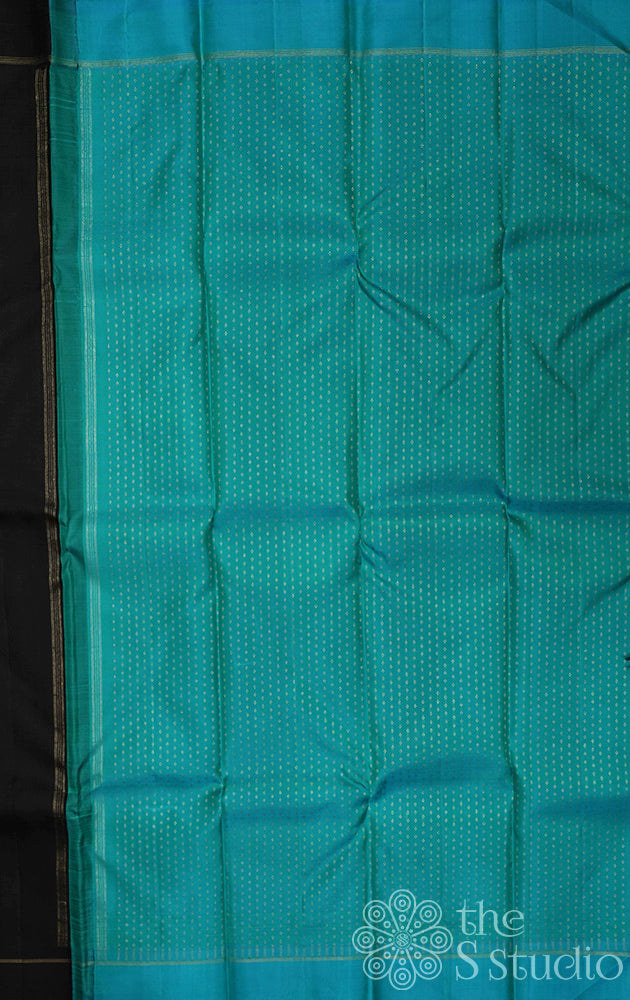 Black simple kanjivaram silk with aqua blue pallu