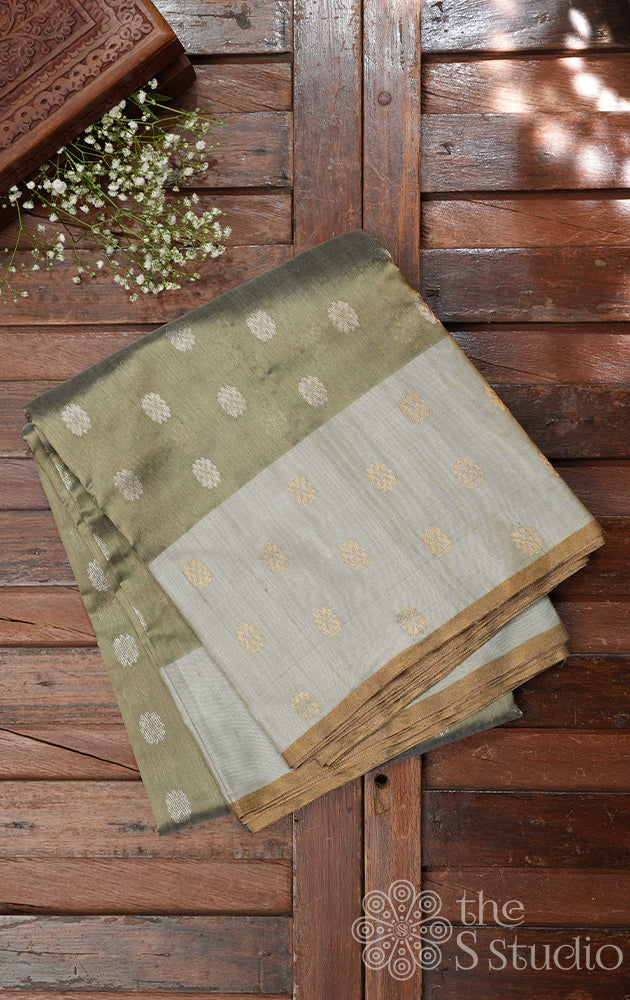 Greenish grey handloom chanderi silk cotton saree with grey border