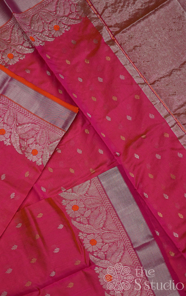 Peach handwoven chanderi silk with silver zari border